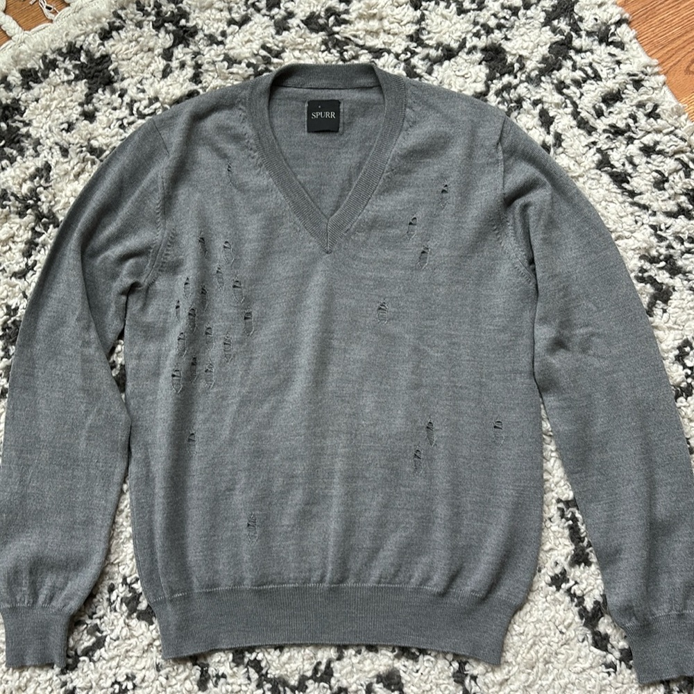 Simon Spurr SPURR grey v-neck wool distressed sweater
